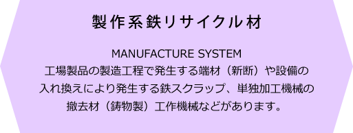 製作系鉄リサイクル材 MANUFACTURE SYSTEM 工場製品の製造工程で発生する端材（新断）や設備の入れ換えにより発生する鉄スクラップ、単独加工機械の撤去材（鋳物製）工作機械などがあります。